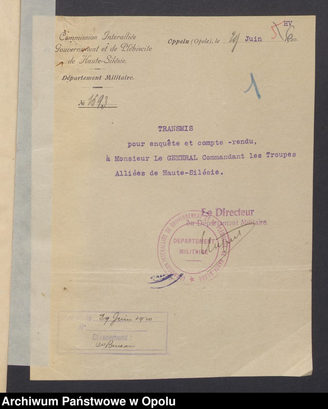 Obraz 8 z jednostki "Commandement Superieur des Forces Alliees en Haute-Silesie-Entrees /Korespondencja wpływająca pochodząca od władz wyższych i jednostek podległych/ 29.06.1920 - 30.10.1920"