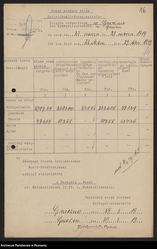 Obraz 18 z jednostki "[Wykazy odstawionego zboża przez Związek Komunalny w Gnieźnie]"