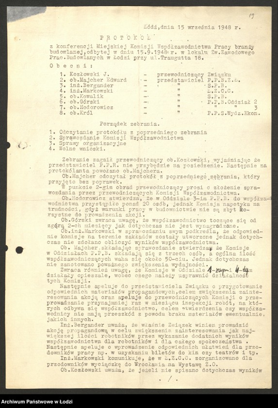 Obraz 20 z jednostki "Współzawodnictwo pracy; protokoły z narad ogólnołódzkich, sprawozdania różnych dyrekcji Centralnego Zarządu Przemysłu Włókienniczego"