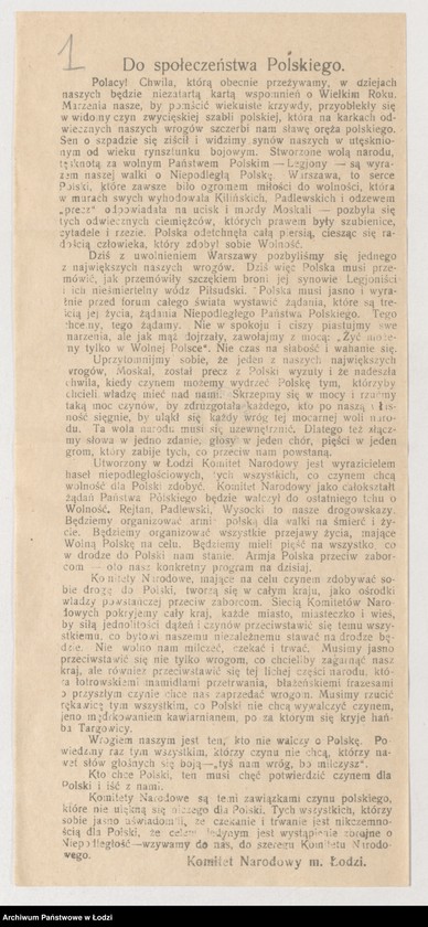 Obraz 1 z jednostki "[Odezwa propagująca wstępowanie w szeregi Komitetów Narodowych]"
