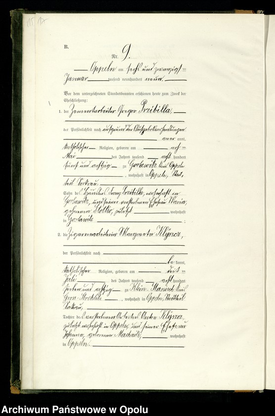 Obraz 20 z jednostki "Rejestr Malżeństw pierwopis 1909 [Opole] 1-173"