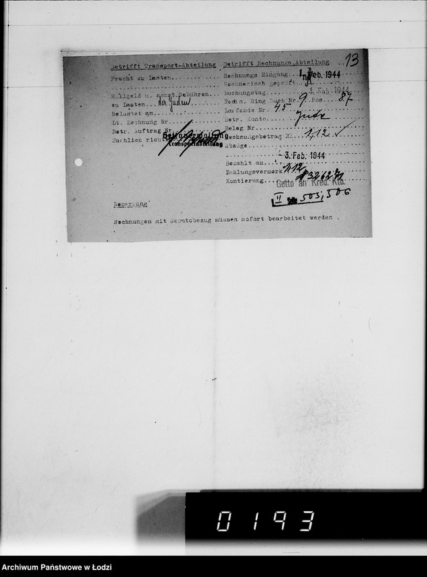 Obraz 17 z jednostki "Schenker u.Co [rachunki za dostawy towarów do Getta]"
