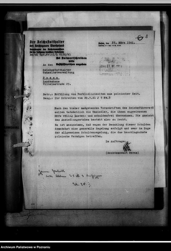 Obraz 12 z jednostki "Forderung gegen den Reichskommisar für die Fertigung deutschen Volkstums [Grundstück Schönfelde, Kreis Gnesen Bl. Nr.32]."