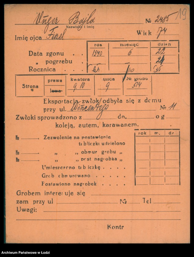 Obraz 20 z jednostki "Kartoteka osób pochowanych na cmentarzu żydowskim przy ulicy Brackiej w latach 1892-1944. Nazwiska na literę U"