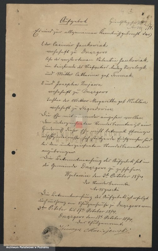 image.from.unit.number "Acta betreffend die Sammel Akten für die von den verlobten beizubringenden Urkunden und Konsenserklärungen, für die Aufgebotscheinigungen und Dispensation [...] von 1874 bis 1876"