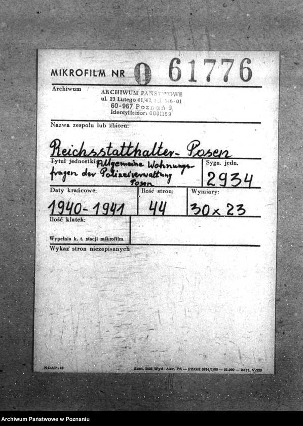 Obraz 2 z jednostki "Allgemeine Wohnungsfragen der Polizeiverwaltung Posen"