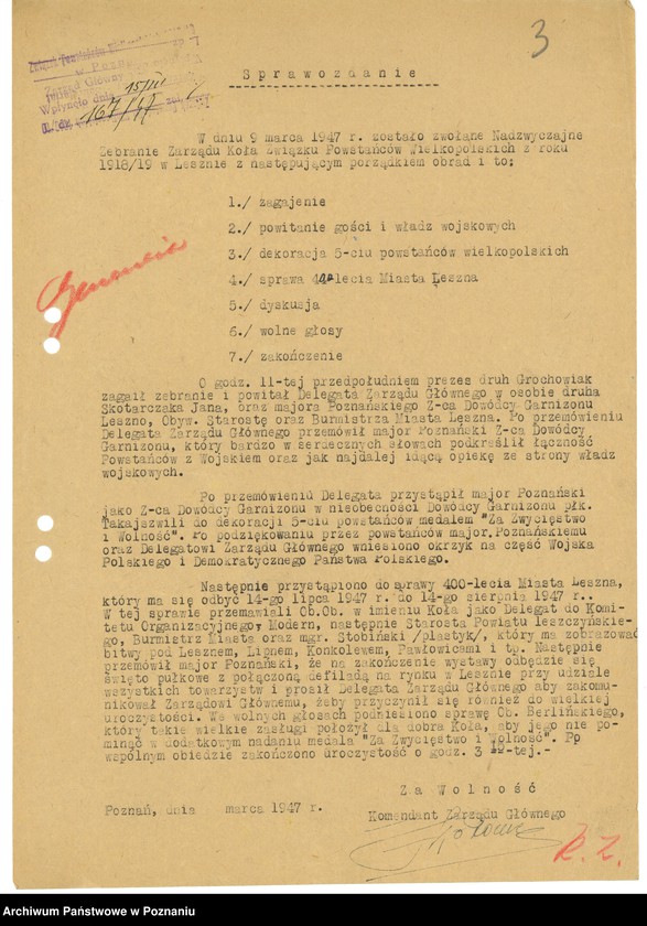 Obraz 6 z jednostki "Współdziałanie Zarządu Głównego Związku Powstańców Wielkopolskich z kołami: 1. Leszno [1947] 2. Łowyń [1946] 3. Margonin [1946-1948] 4. Miejska Górka [1949] 5. Mieszków [1946-1947] 6. Międzychód [1946-1948] 7. Mogilno [1946-1947] 8. Mosina [1946] 9. Mrocza [1947] 10. Nakło [1945-1949] 11. Oborniki [1947] 12. Osieczna [1948] 13. Ostrów Wielkopolski [1946-1947] 14. Piaski [1948] 15. Pleszew [1947-1948] 16. Podolin [1947-1948]"