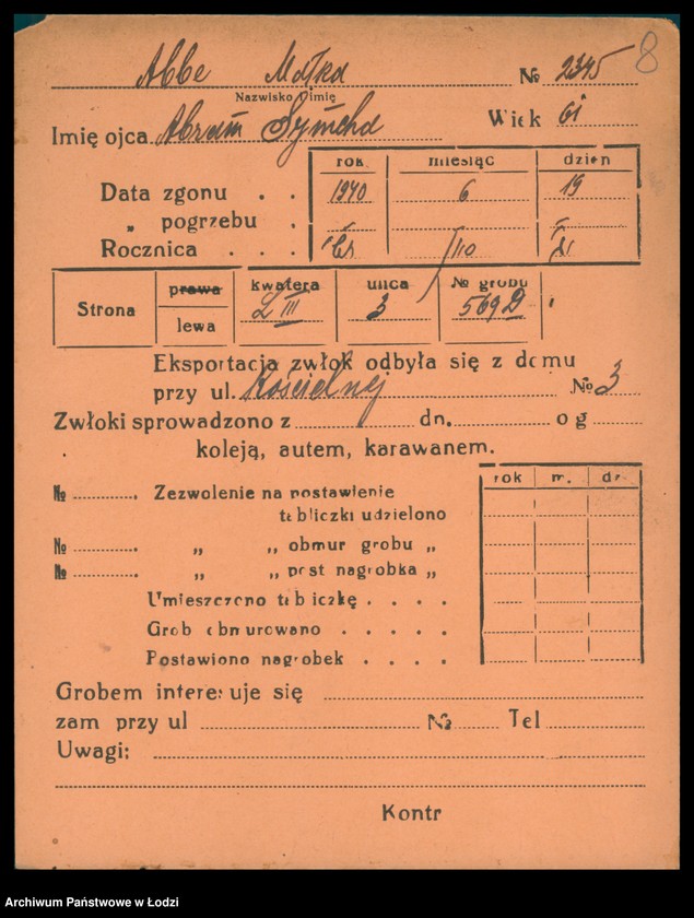 Obraz 9 z jednostki "Kartoteka osób pochowanych na cmentarzu żydowskim przy ulicy Brackiej w latach 1892-1959. Nazwiska na literę A"