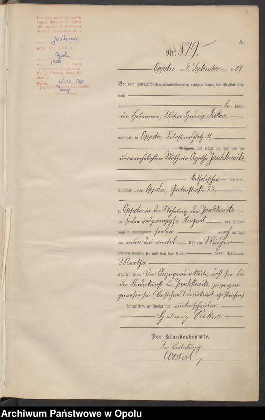 image.from.unit.number "Urząd Stanu Cywilnego w Opolu 1907 Rejestr Urodzeń miejscowa Nr 878 do 1277"