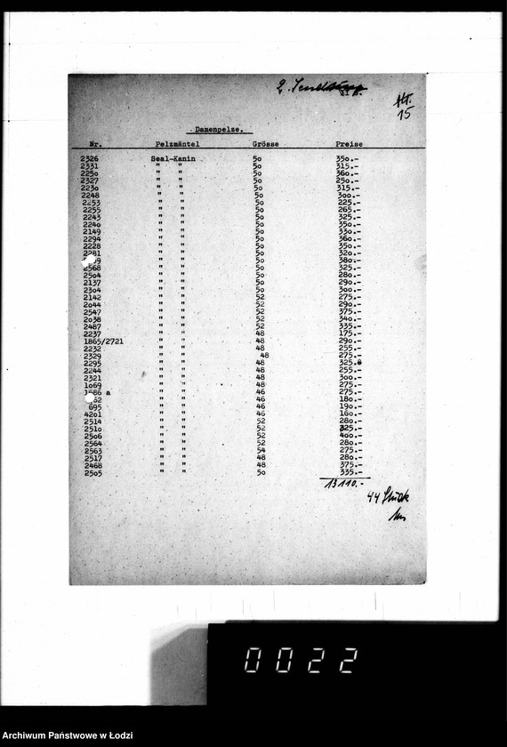 Obraz 20 z jednostki "Lieferscheine, [Zestawienia dostaw i sprzedaży futer]"