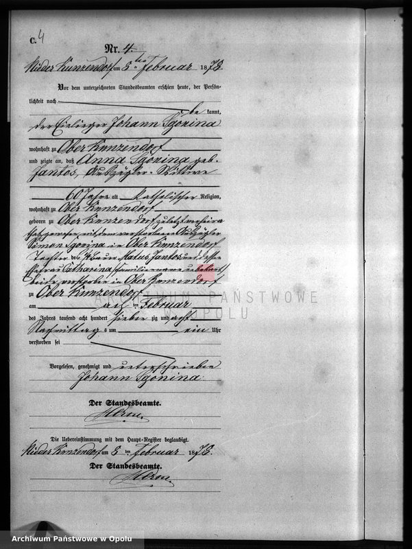 Obraz 8 z jednostki "Sterbe-Neben-Register Standesamts Kunzendorf pro 1878"