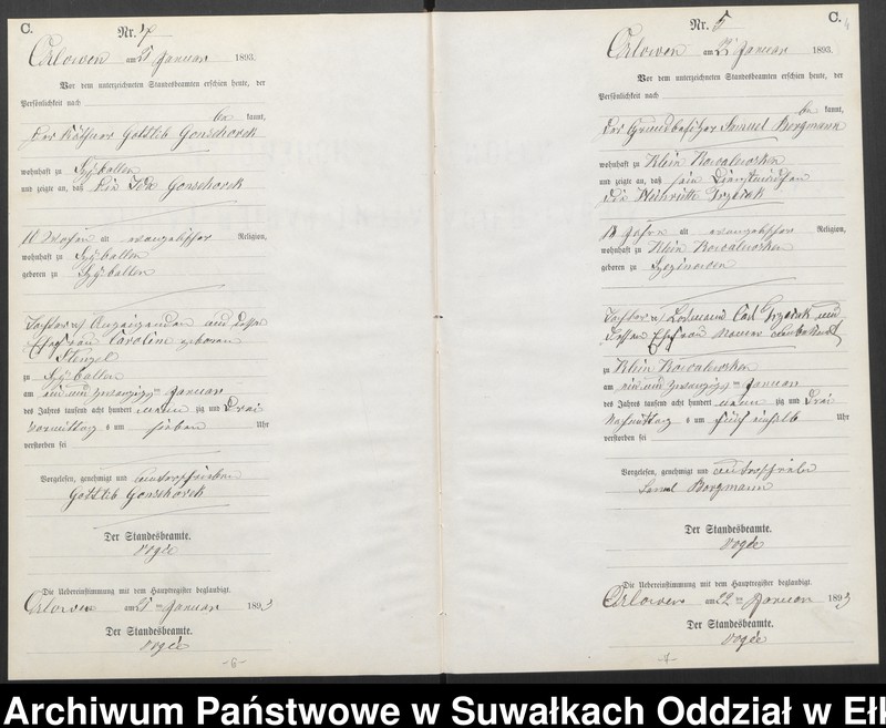 image.from.unit.number "Sterbe-Neben-Register des Preussischen Standes-Amtes Orlowen Kreis Loetzen für das Jahr 1893"
