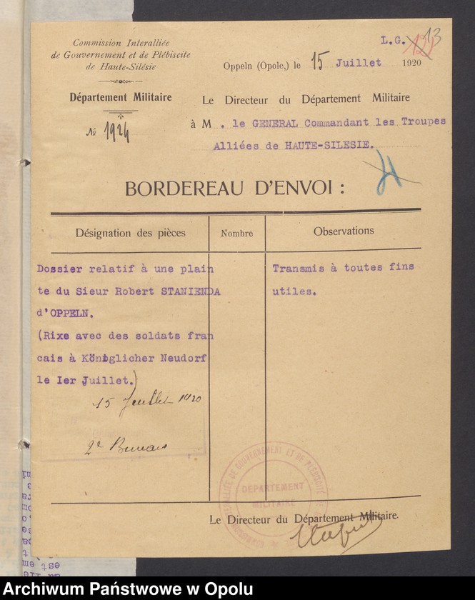 Obraz 15 z jednostki "Commandement Superieur des Forces Alliees en Haute-Silesie-Entrees /Korespondencja wpływająca pochodząca od władz wyższych i jednostek podległych/ 29.06.1920 - 30.10.1920"