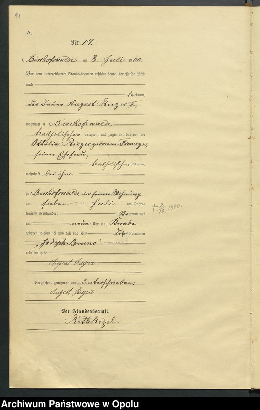 Obraz 18 z jednostki "Geburts-Haupt-Register des Standsamts Bischofswalde pro 1900"