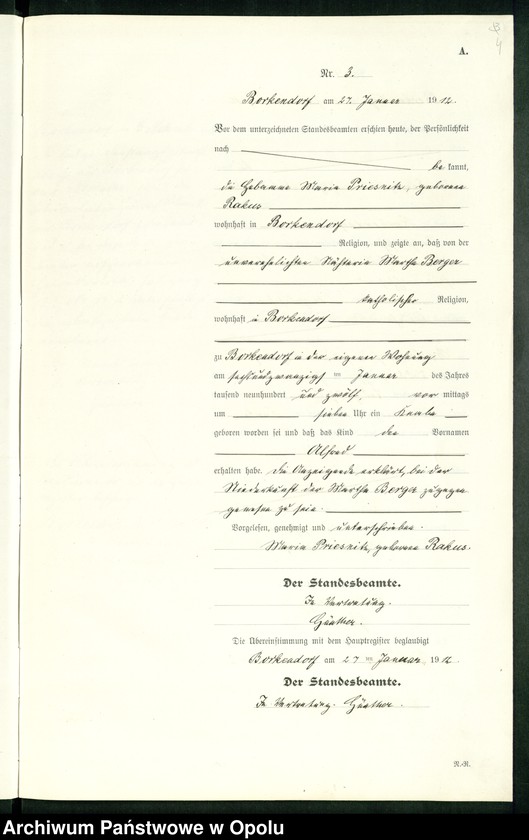 Obraz 8 z jednostki "Geburts-Register (Neben-Register) Standesamt Borkendorf 1912 No. 1 bis 73."