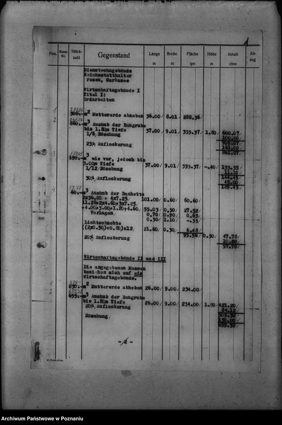 Obraz 5 z jednostki "Dienstwohngebäude - Reichsstatthalter Posen. Wirtschaftsgebäude 1 - 4 (nad jeziorem Góreckim) Massenberechnung"