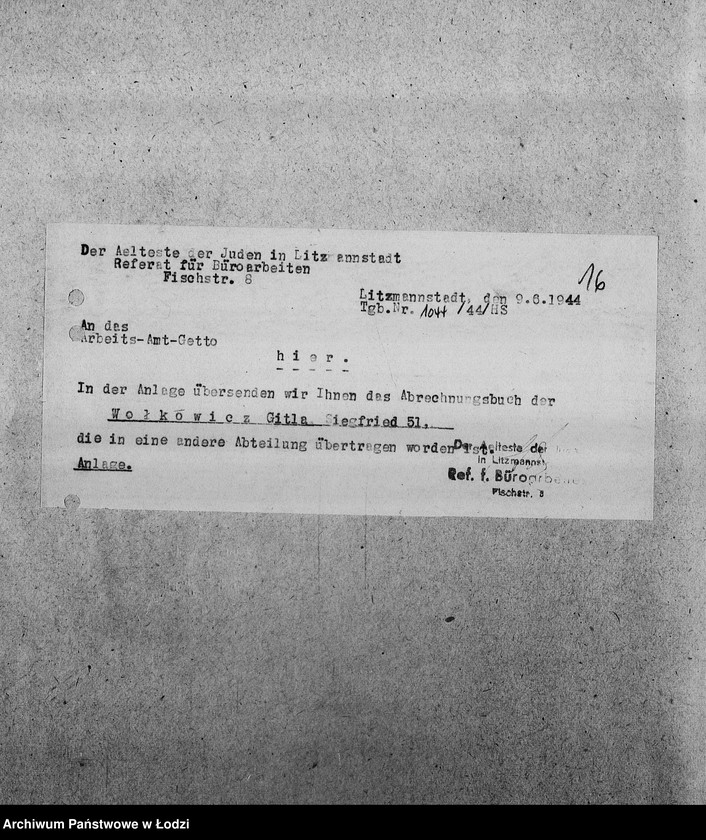 Obraz 19 z jednostki "[Korespondencja z Wydziałem Pracy i z PSŻ w sprawach personalnych i aprowizacyjnych Referatu Prac Biurowych]"