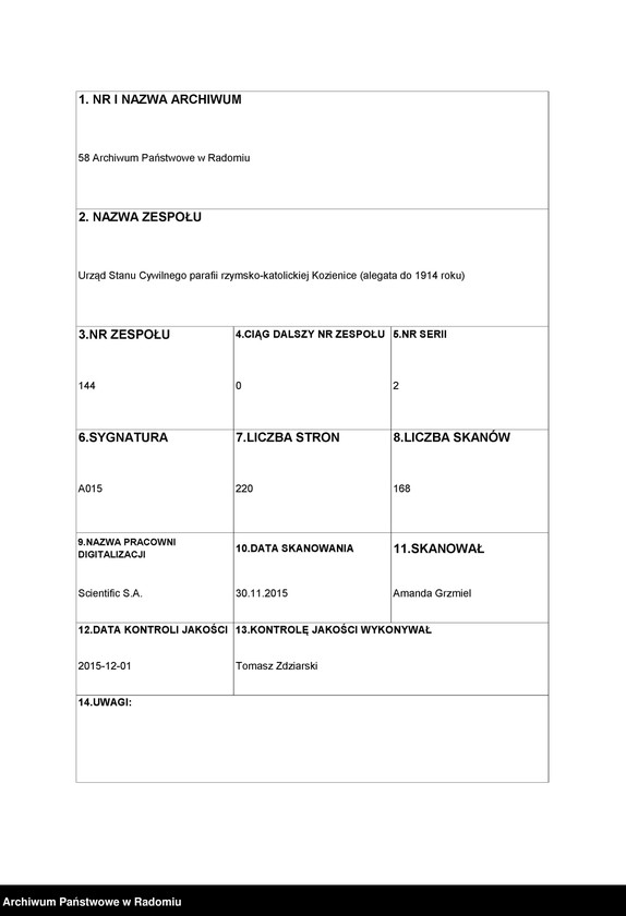 Obraz 1 z jednostki "Allegata z Roku 1825 z Parafii Kozienickiej do Akt Stanu Cywilnego Urodzenia, Zejścia i Zaślubienia"