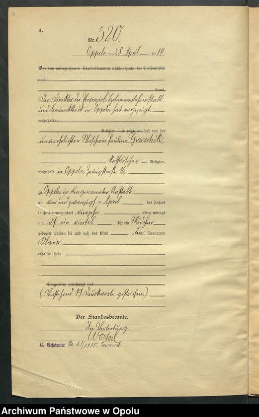 Obraz 6 z jednostki "Urząd Stanu Cywilnego Opole Księga Urodzeń Rok 1914 520-1033"