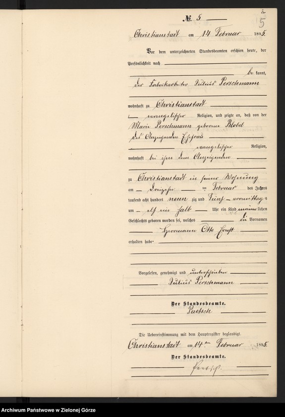 Obraz 8 z jednostki "Geburts-Neben-Register im Standes-Amt Christianstadt Kreis Sorau 1895"