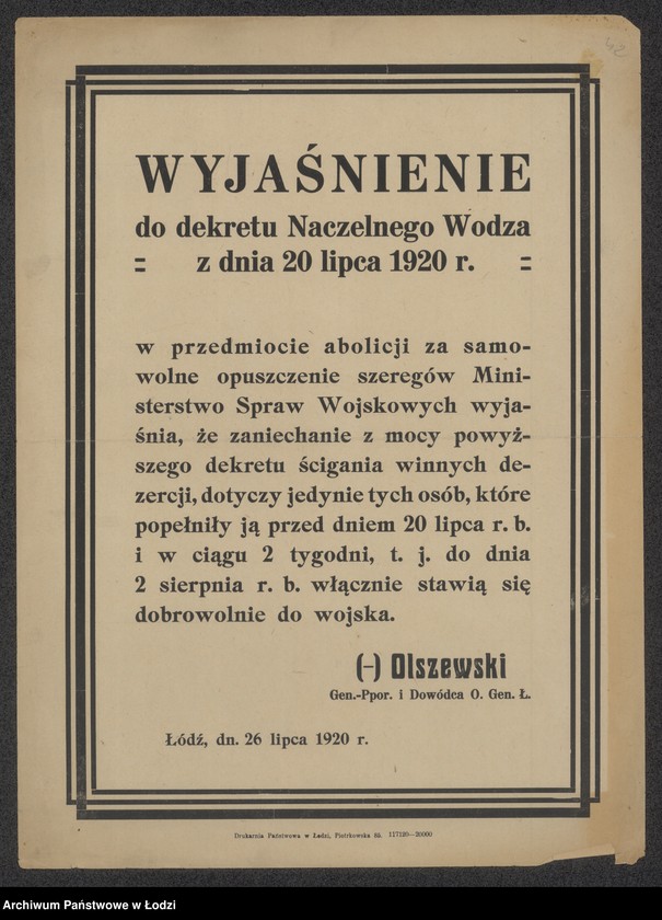 Obraz 1 z jednostki "[Obwieszczenie nawiązujące do dekretu Naczelnego Wodza w sprawie abolicji za dezercje z wojska]"