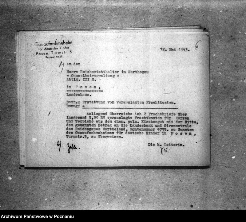 Obraz 10 z jednostki "Schriftwechsel mit der Gauselbsverwaltung vom 1 IV 1943 bis 31 III 1944. [Korespondencja w sprawach finansowych]."