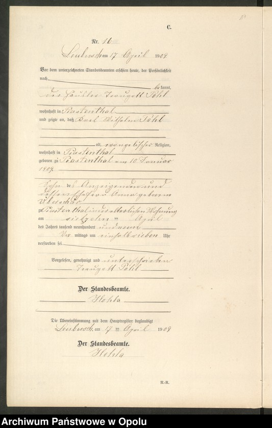 image.from.unit.number "Sterbe-Register (Neben-Register) Standesamt Leubusch 1909"