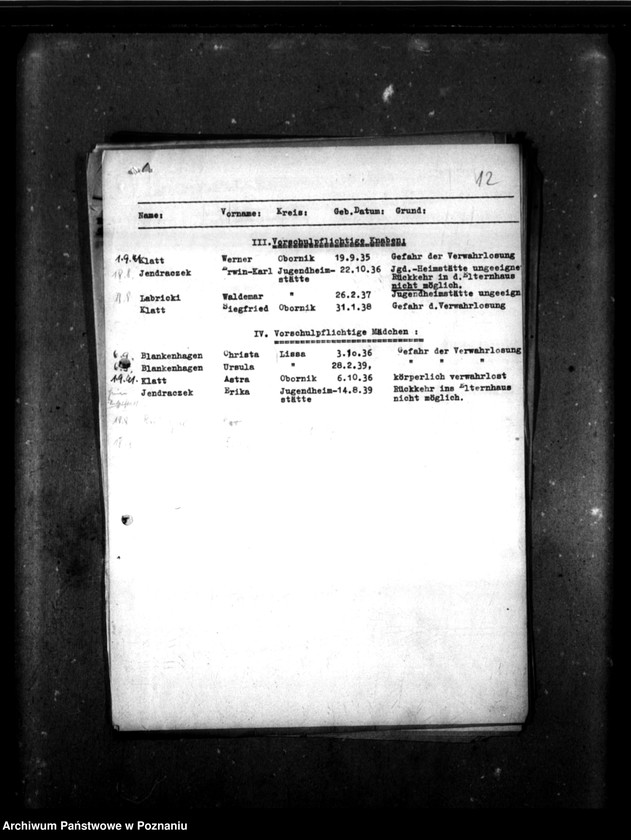 Obraz 18 z jednostki "Monatliche Zu- und Abgänge [Miesięczne zestawienia przybyłych i zwolnionych dzieci]."