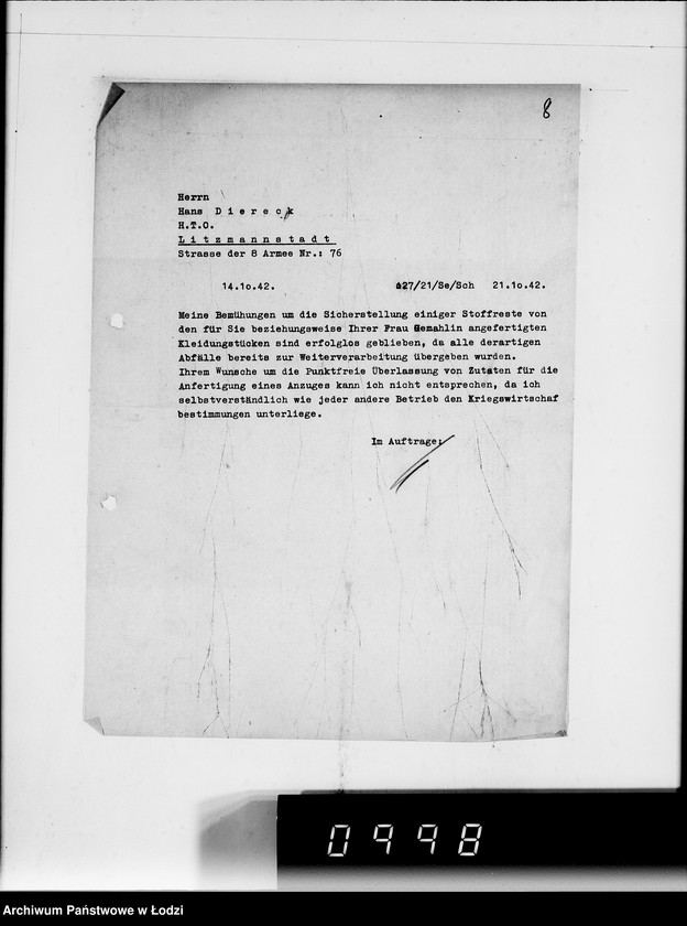 Obraz 10 z jednostki "H.T.O. [Korespondencja z Haupttreuhandstelle Ost w sprawach finansowych oraz majątku żydowskiego]"