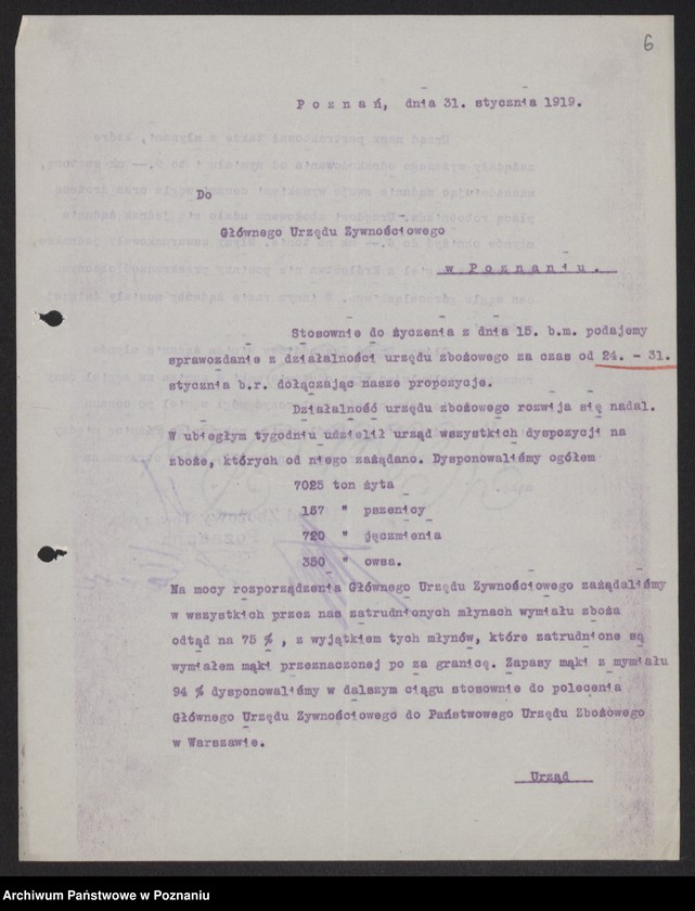 Obraz 8 z jednostki "[Sprawozdania Urzędu Zbożowego w Poznaniu dla Departamentu Aprowizacji byłej Dzielnicy Pruskiej]"