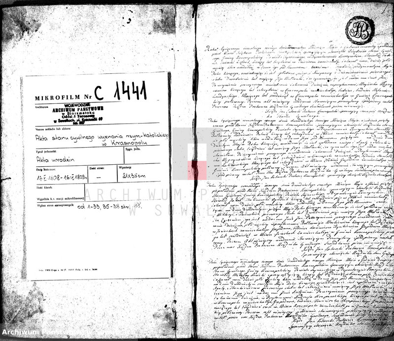 image.from.unit.number "Akta Cywilne Urodzonych Gminy Krasnopolskiey Powiatu Seyneńskiego Departamentu Łomżyńskiego od R.1808 Maia."