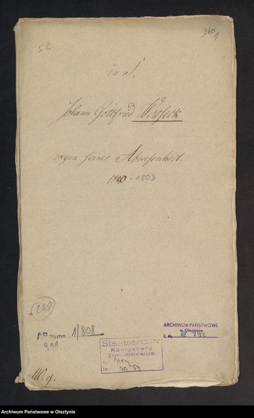 image.from.unit.number "In S. [Sachen] Johann Gottfried Wosseck [Woszeck] wegen seiner Abwesenheit"