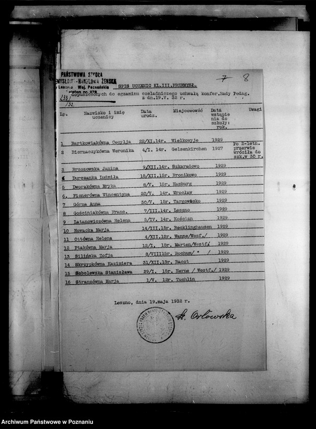 Obraz 11 z jednostki "Państwowa Szkoła Przemysłowo Handlowa Żeńska- Leszno [protokół z egzaminu końcowego]"