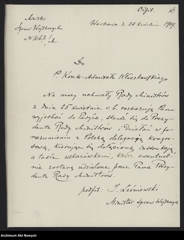 image.from.unit.number "Postulaty w sprawie otrzymania dostępu do morza, utworzenia marynarki wojennej i handlowej. Memoriały, wniosek, notatka, korespondencja"
