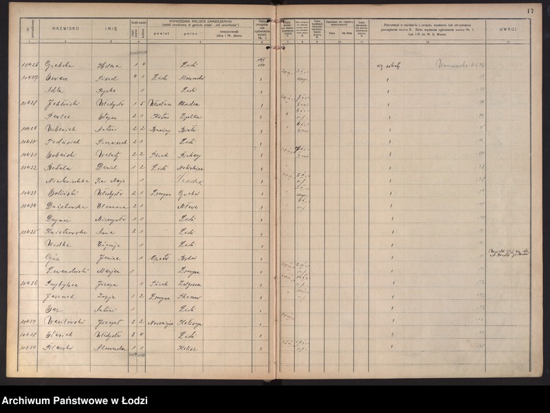 image.from.unit.number "Księga kontroli ruchu ludności (rejestr osób przybywających do gminy) Łódź, komisariat I, t. IV, nr 10158-11736"