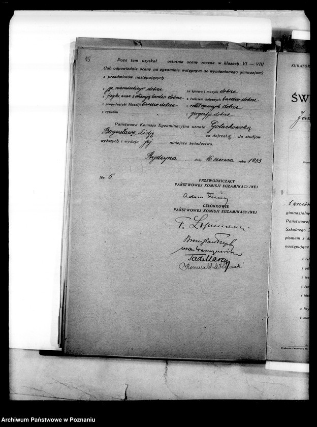 Obraz 18 z jednostki "Prywatne Gimnazjum imienia Sułkowskich w Rydzynie [odpisy świadectw egzaminu dojrzałości 1938 i 1939]"