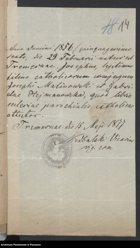 Obraz 16 z jednostki "Die von den Verlobten zum Aufgebot beigebrachten Urkunden pro 1877"