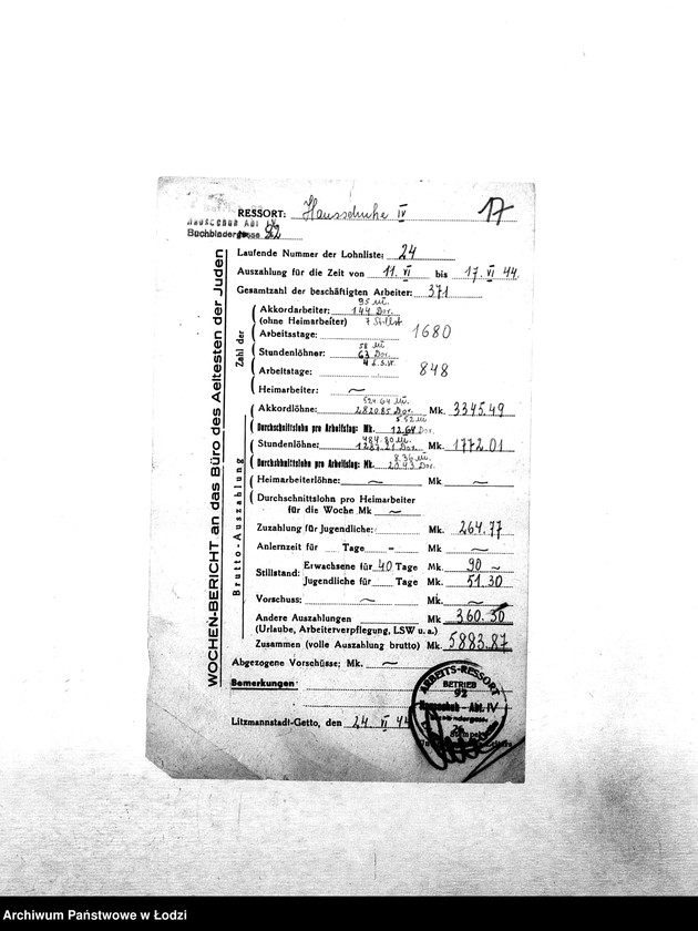 Obraz 20 z jednostki "[Tygodniowe sprawozdania resortów pracy: liczba pracowników, czas pracy, wysokość płacy]"