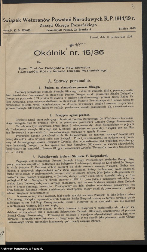 Obraz 6 z jednostki "Okólniki okręgu Związku Weteranów Powstań Narodowych Rzeczypospolitej Polski."