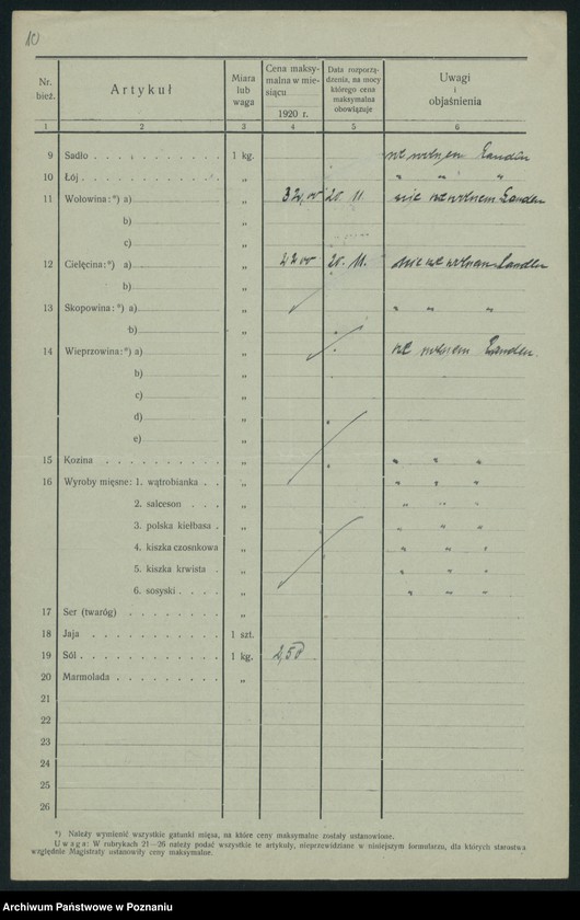 Obraz 12 z jednostki "[Wykazy urzędowo ustanowionych cen maksymalnych na artykuły pierwszej potrzeby na terenie Województwa Poznańskiego za miesiąc grudzień 1920 roku]"