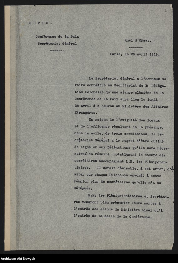 image.from.unit.number "Konferencja Pokojowa. Zawiadomienia o posiedzeniach i porządkach obrad, protokoły z posiedzeń. Korespondencja"