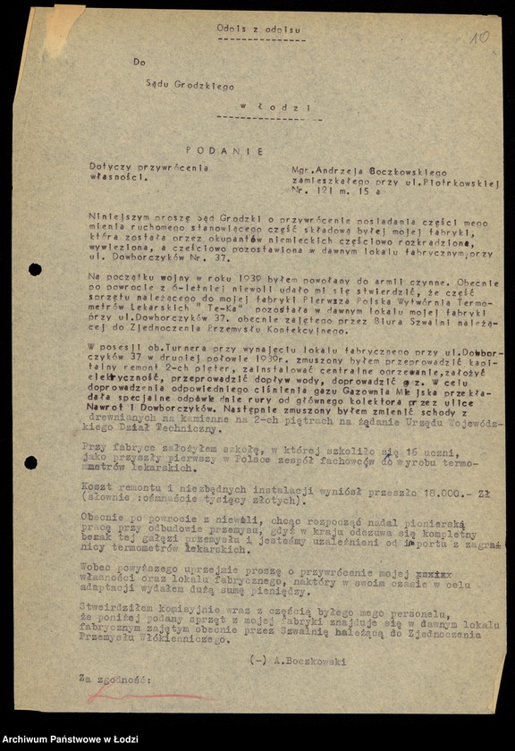 Obraz 12 z jednostki "[Korespondencja w sprawie reprywatyzacji urządzeń biurowych Fabryki Termometrów oraz lokalu fabrycznego w Łodzi ul. Dowborczyków 37]"