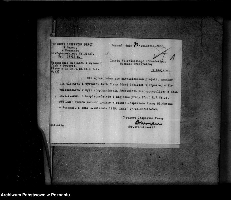 Obraz 5 z jednostki "Zatwierdzenie zakładu przemysłowego /olejarni, fabryk farb i pokostów/ J. Zabilskiego w Popowie powiat szamotulski"