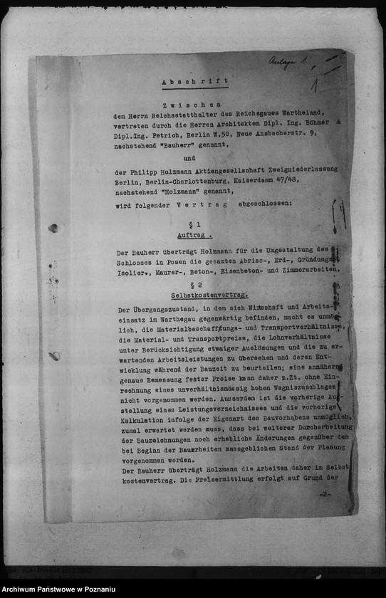 Obraz 4 z jednostki "Umbau - Deutsches Schloss in Posen. Selbstkostenvertrag"