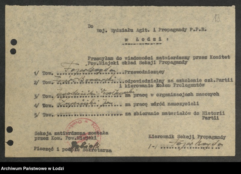 Obraz 19 z jednostki "Sprawozdania [z działalności, protokoły posiedzeń] sekcji propagandy komitetów powiatowych i komitetów miejskich"