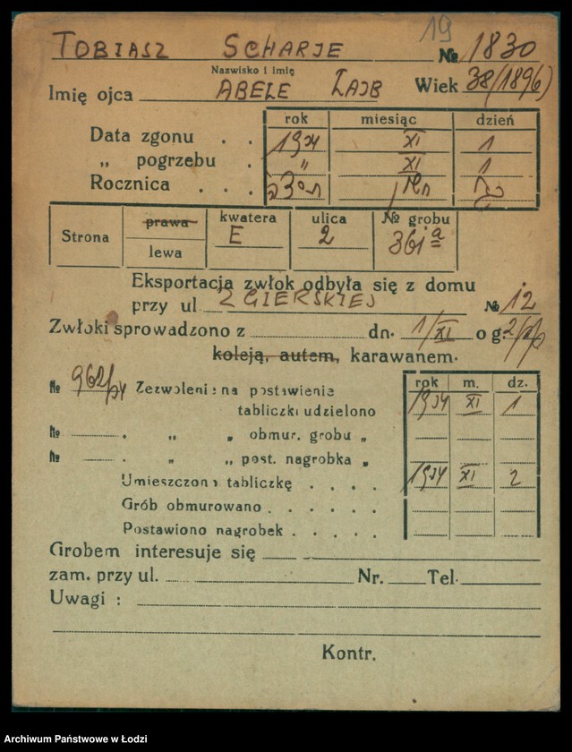 Obraz 20 z jednostki "Kartoteka osób pochowanych na cmentarzu żydowskim przy ulicy Brackiej w latach 1892-1957. Nazwiska na litery: To-Ty"