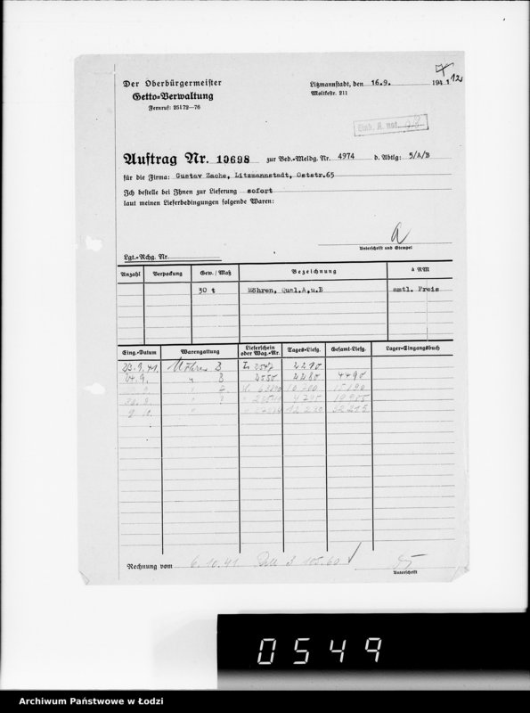 Obraz 16 z jednostki "Aufträge 5734-10700 [Faktury, listy przewozowe na dostarczone dla Getta produkty żywnościowe, materiały opałowe, przemysłowe]"