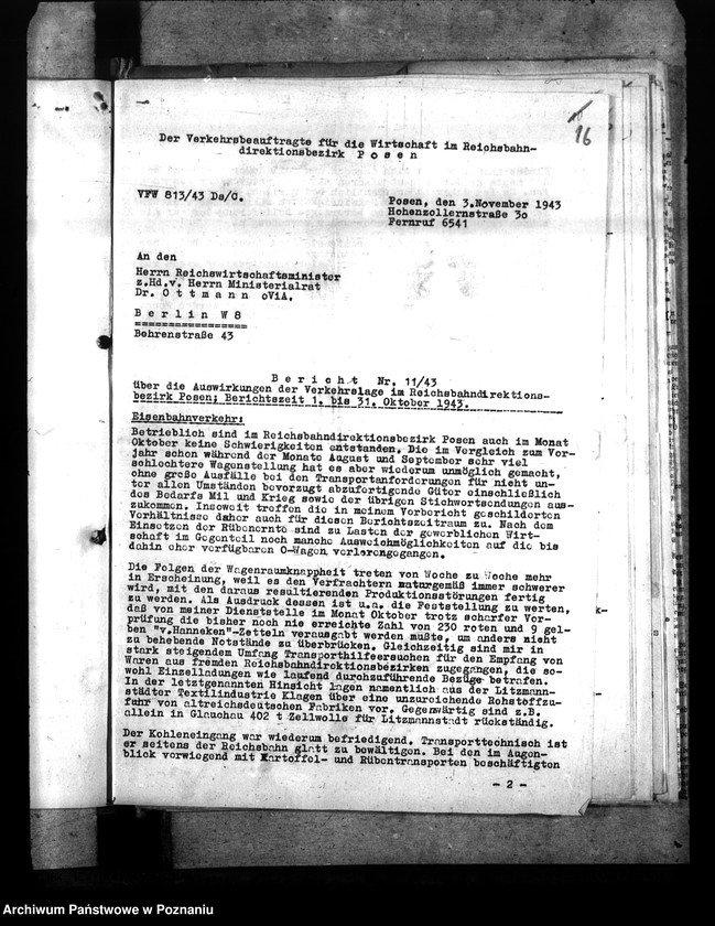 Obraz 20 z jednostki "Berichte über Auswirkungen der Verkehrslage im Reichsbahndirektionsbezirk Posen. Versorgung der bombenbeschädigten Bevölkerung. Treibstoffzuteilungen"