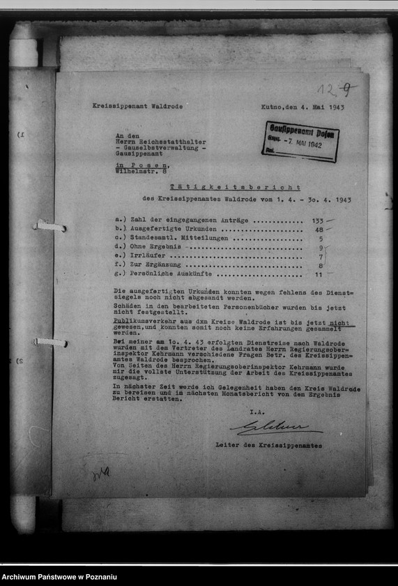 Obraz 16 z jednostki "[Korespondencja w sprawach organizacyjnych, sprawozdanie z działalności], Kreissippenamt Waldrode [Gostynin, województwo warszawskie]"