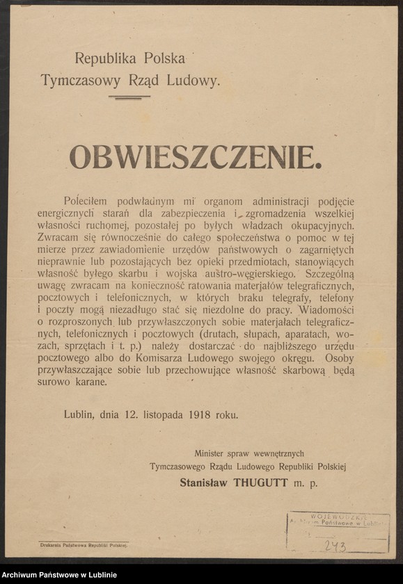 Obraz 15 z kolekcji "Tymczasowy Rząd Ludowy Republiki Polskiej w Lublinie - próby organizacji polskiej państwowości w przededniu odzyskania niepodległości111"